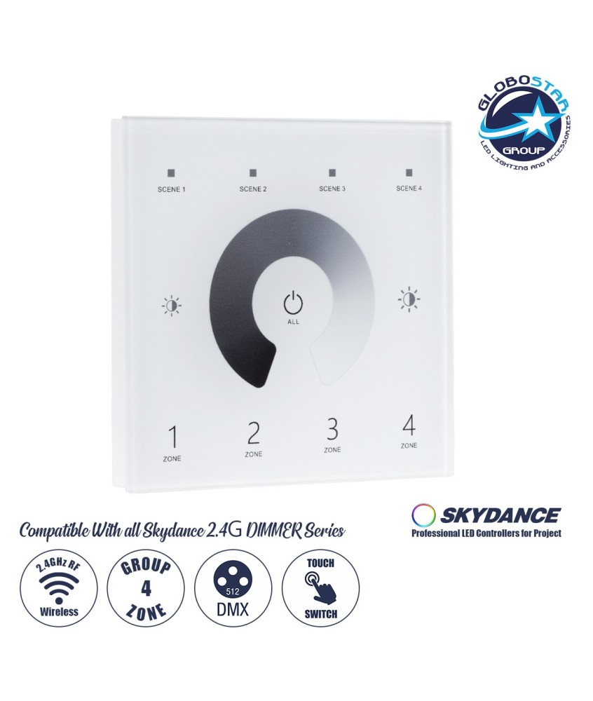 GloboStar® 73159 T11 SKYDANCE Ασύρματο DMX512 Επιτοίχιο Χειριστήριο RF 2.4Ghz 4 Group για όλα τα SKYDANCE DMX512 Controller AC 100-240V Max 0.1A - IP20 Μ8.5 x Μ8.5 x Π8.5 x Υ3.5cm - 5 Χρόνια Εγγύηση